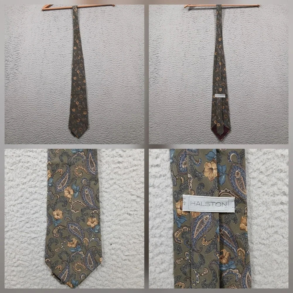 Halston Silk Neck Tie Mens‎ Paisley Floral Olive Blue Classic Luxury